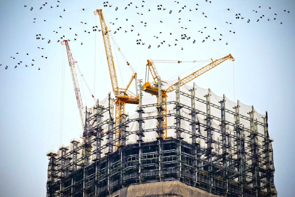 Cranes on top of a building under construction