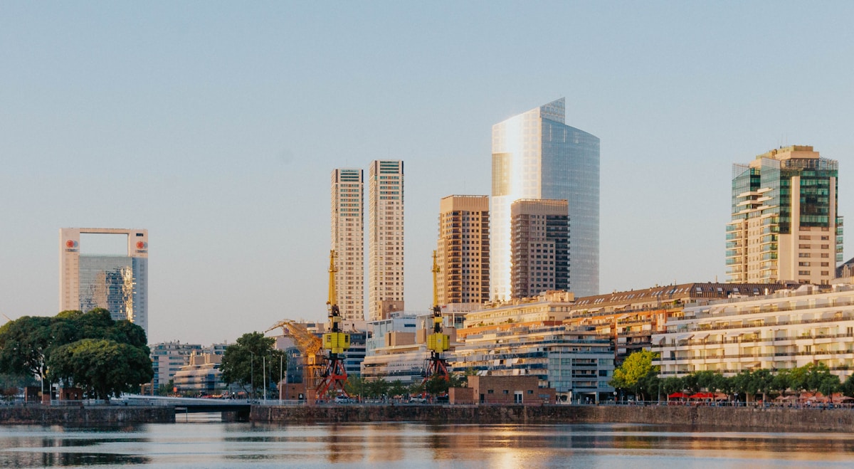 Concrete high-rise residential building near the river